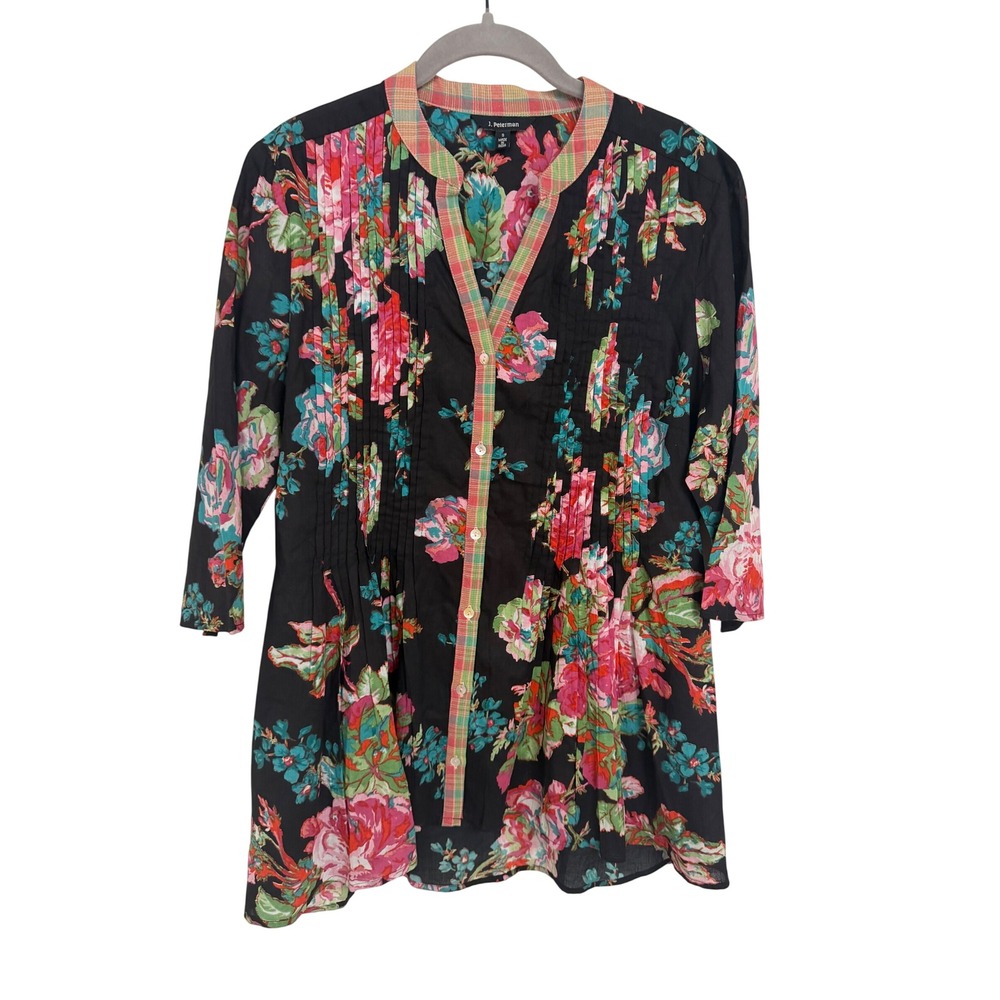 J Peterman Floral Pintuck Tunic Top Black Pink Plaid Trim Cotton Small Boho